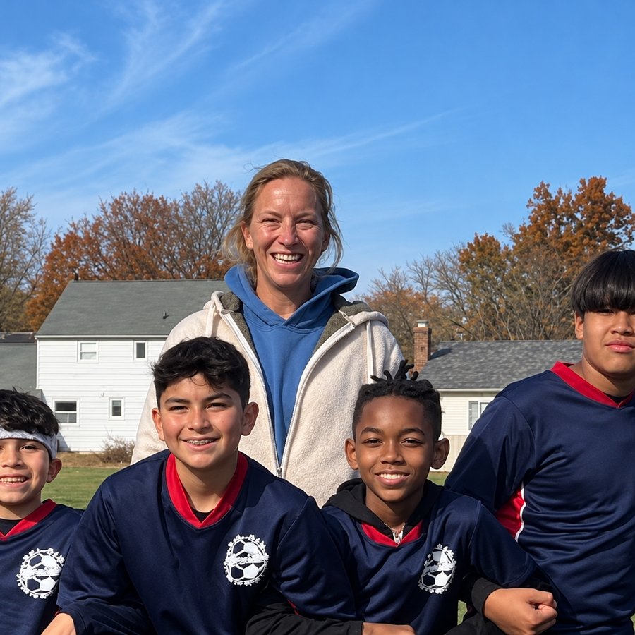 Youth soccer coach smiling with players in navy and red jerseys
