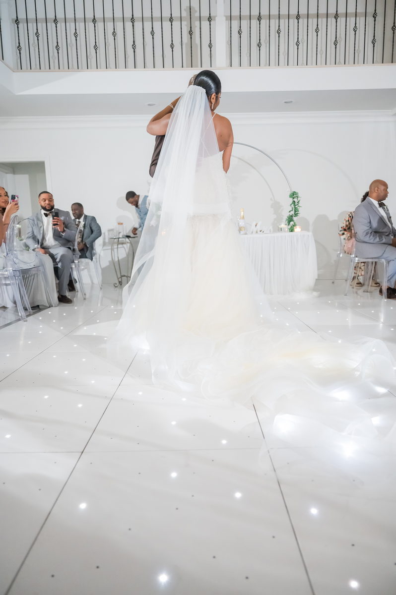 Anjanette from behind, veil over a starlit dance floor