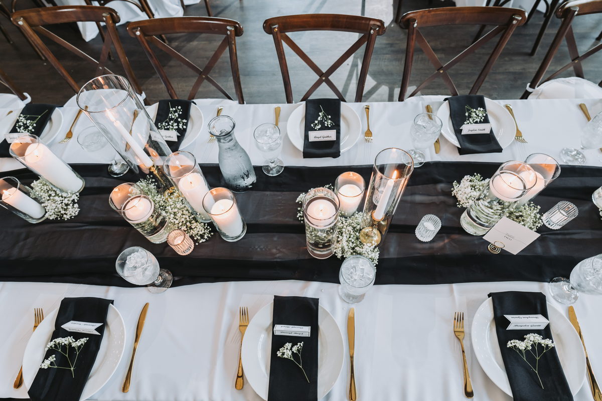 Tablescape from above with gold flatware